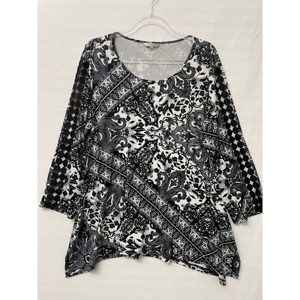 John Mark Top Large Black White Crochet Sleeve Stretch Knit Artsy Tunic